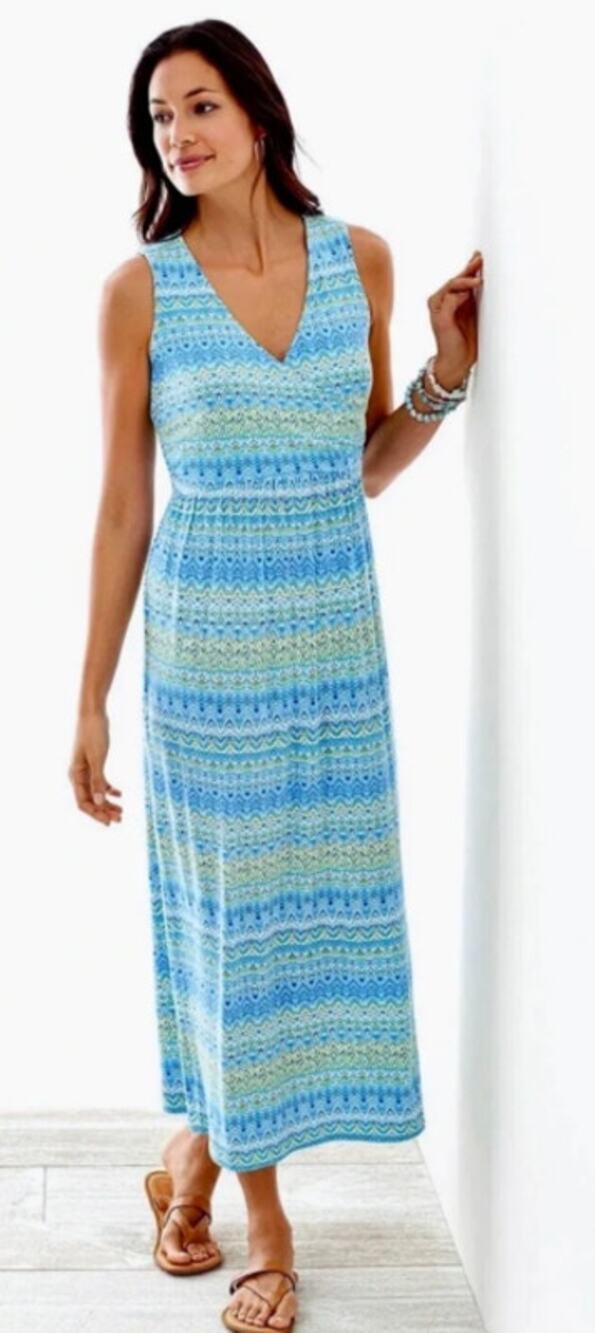 J. JILL WOMENS MEDIUM SLEEVELESS IKAT PRINT STRETCH MIDI DRESS BLUE GREEN
